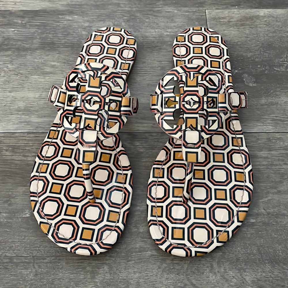 Tory Burch Patent Leather Milller Geometric Print Sandal, Worn once!